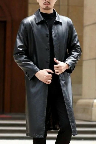 Popular Guys Jacket Plain Long Sleeves Knee Length Relaxed Zipper Spread Collar PU Jacket