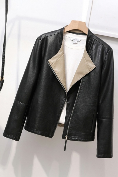 Simple Ladies PU Jacket Plain Spread Collar Zipper Down Long Sleeve Slim Fit PU Jacket