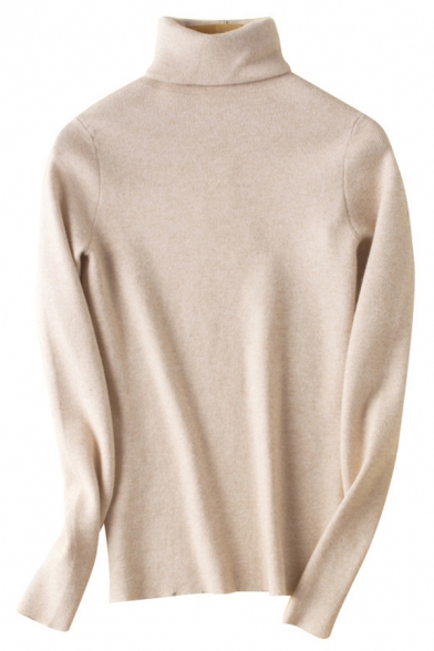 Simple Womens Knit Top Plain High Neck Slim Fit Long Sleeve Ribbed Knit Top