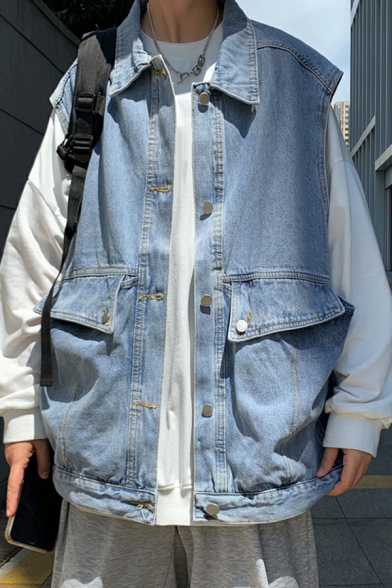Street Look Boys Denim Vest Spread Collar Pure Color Button Closure Loose Fit Denim Vest