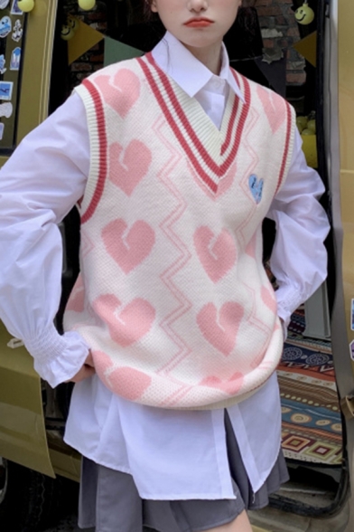 Stylish Girls Sweater Vest Heart Pattern V Neck Sleeveless Oversized Vest