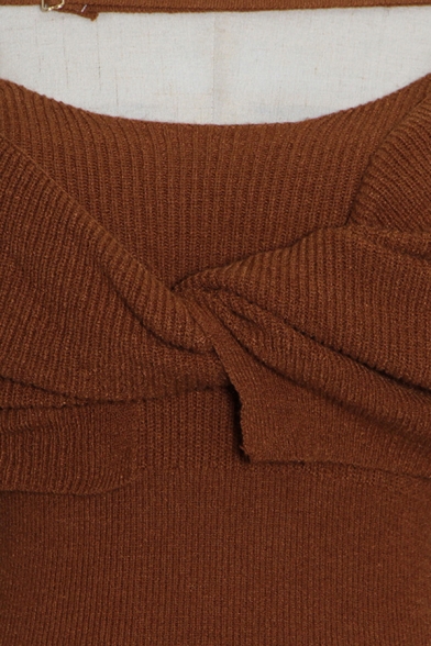 Stylish Ladies Sweater Plain Off the Shoulder Bow Detail Long Sleeve Slim Cropped Sweater