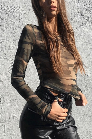Stylish Womens Sheer T-Shirt Camouflage Print Crew Neck Long Sleeve Fitted Crop T-Shirt