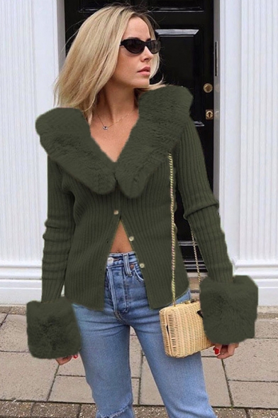 Stylish Womens Sweater Solid Turn-Down Fur Collar Long Sleeve Single Breasted Slim Cardigan