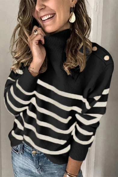 Trendy Womens Sweater Striped Print Mock Neck Long Sleeve Regular Fit Pullover Sweater with Button