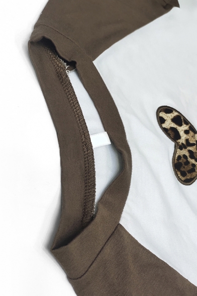 Trendy Womens T-Shirt Round Neck Contrast Panel Leopard Print Front Short Sleeve Crop T-Shirt