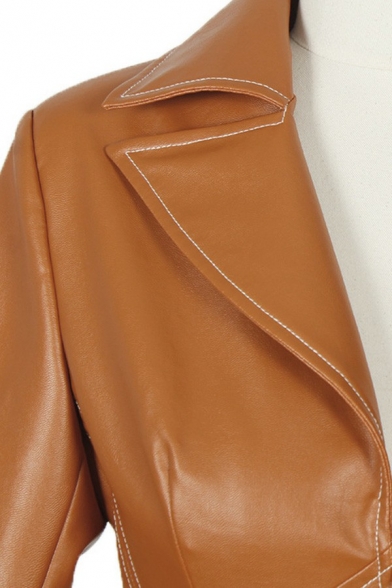 Unique Ladies Jacket PU Leather Notched Lapel Collar Zipper Fly Ruffle Hem Long Sleeve Slim Biker Jacket