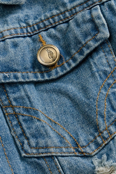 Basic Men Denim Vest Plain Turn-down Collar Distressed Raw Edge Pocket Detail Zip Closure Vest in Blue