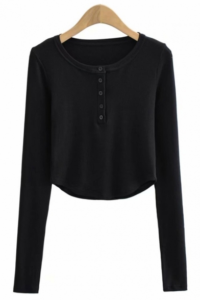 Casual Ladies T-Shirt Round Neck Button Down Long Sleeve Round Hem Slim Cropped T-Shirt