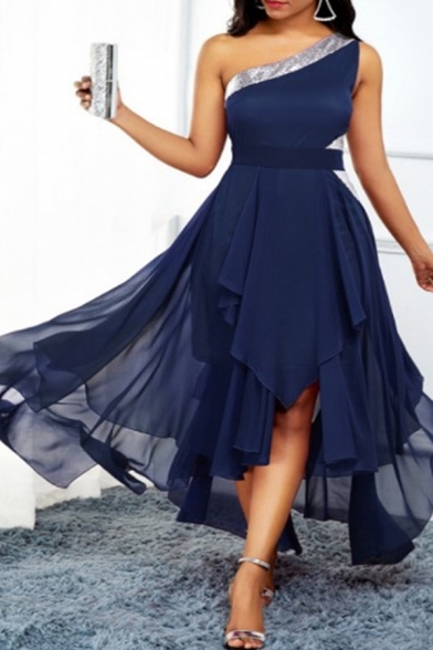 Casual Womens Dress Plain One Shoulder Sleeveless Lace Up Midi Asymmetrical Dress
