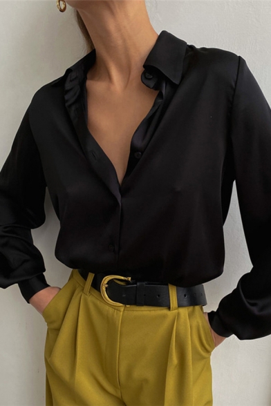 Chic Shirt Solid Color Single Breasted Spread Collar Long-Sleeved Oversized Womens Shirt