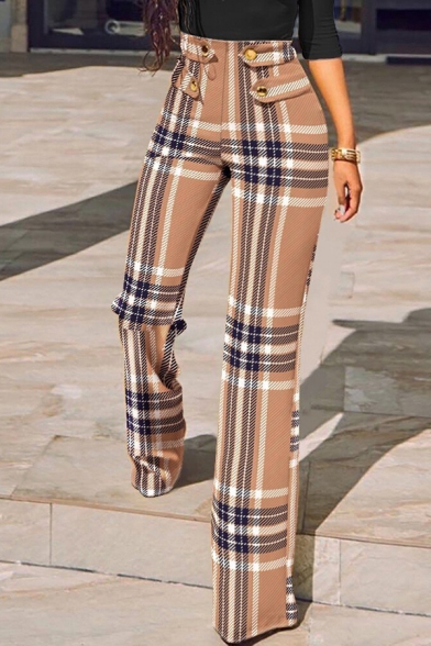 Classic Womens Pants Plaid Pattern High Waist Long Length Straight Slim Fit Pants