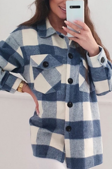 Cool Ladies Jacket Plaid Turn-Down Collar Chest Pockets Long Sleeve Oversized Jacket