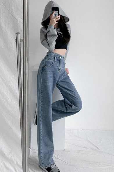 Creative Womens Jeans Washed Zipper Fly High Waist Crossover Long Straight Jeans