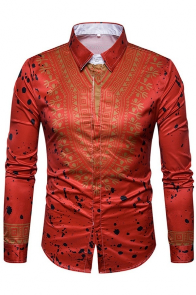 Elegant Shirt Tribal Pattern Turn-down Collar Slimming Long-Sleeved Button Down Shirt for Boys