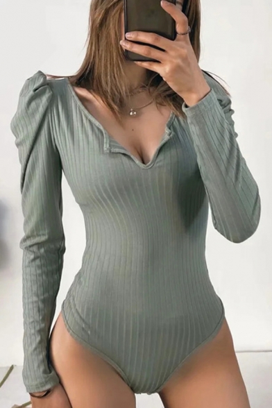 Fashionable Ladies Bodysuits V-Neck Solid Color Puff Sleeve Slim Fitted Bodysuits