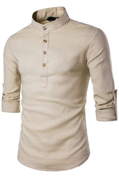 Freestyle Boys Shirt Plain Curved Hem Stand Collar Long-Sleeved Slim Button Closure Shirt