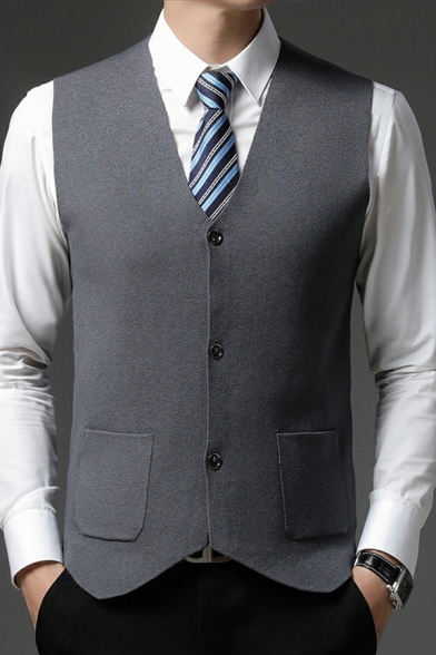 Guy's Cozy Suit Waistcoat Pure Color V-Neck Pocket Fitted Single Breasted Suit Vest