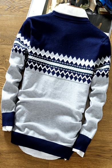 Guys Boyish Sweater Striped Print Round Collar Long Sleeves Fitted Pullover Sweater
