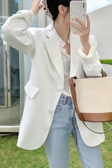 Leisure Ladies Blazers Solid Notched Lapel Button Down Long Sleeve Flap Pockets Oversized Suit Jacket