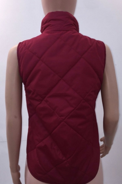 Leisure Ladies Vest Solid Stand Collar Zip Up Flap Pockets Padded Vest