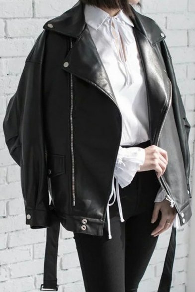 Leisure Womens Jacket PU Leather Notched Lapel Collar Zipper Fly Belted Long Sleeve Oversized Biker Jacket