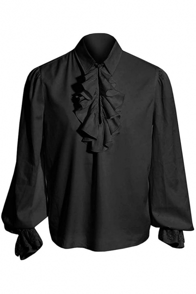 Retro Womens Gothic Shirt Plain Ruffle Detail Turn Down Collar Long Sleeve Relaxed Shirt
