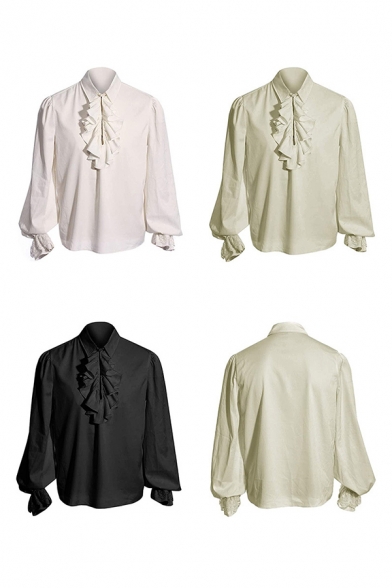 Retro Womens Gothic Shirt Plain Ruffle Detail Turn Down Collar Long Sleeve Relaxed Shirt