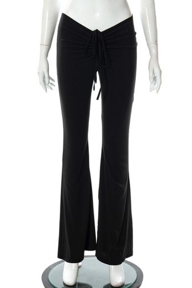 Sexy Ladies Pants Solid Drawstring Ruched Low Rise Flared Full Length Wide Leg Pants