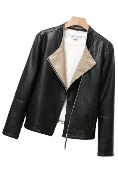 Simple Ladies PU Jacket Plain Spread Collar Zipper Down Long Sleeve Slim Fit PU Jacket