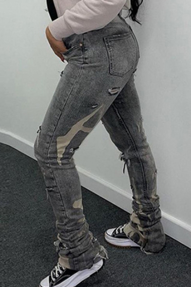 Street Look Girls Jeans Gray Zip Fly High Rise Splash-Ink Print Destroyed Full Length Skinny Jeans