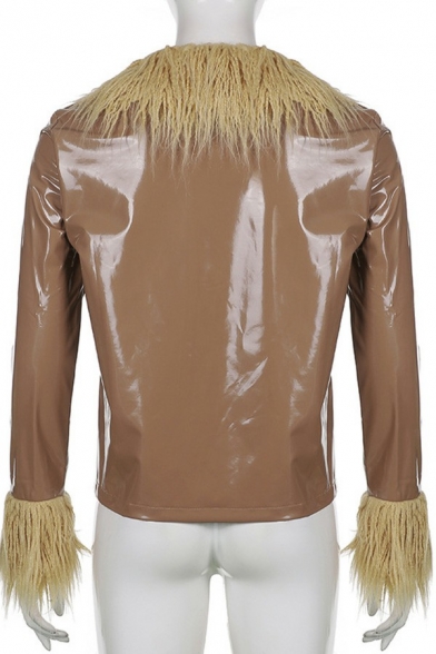 Stylish Ladies Jacket PU Leather Spread Collar Long Sleeve Button Fly Plush Design Biker Jacket