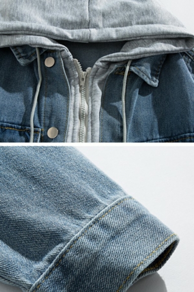 Trendy Boy's Jacket Fake Two Piece Patchwork Zip Closure Loose Fit Denim Jacket with Hood