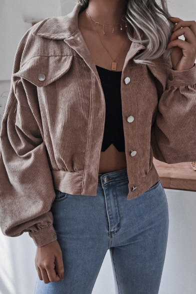 Trendy Ladies Jacket Solid Spread Collar Single Breasted Chest Pockets Long Puff Sleeve Cropped Jacket