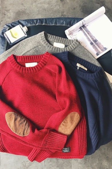 Unique Men Sweater Contrast Color Patched Long Sleeves Round Collar Loose Fitted Sweater
