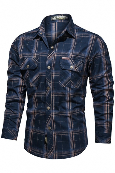 Urban Mens Shirt Plaid Print Long Sleeve Button Closure Turn-down Collar Regular Fit Shirt