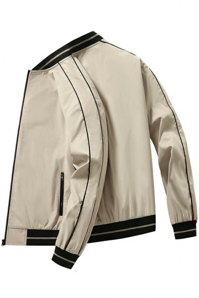 Vintage Guys Jacket Contrast Line Loose Zip Up Stand Collar Long-sleeves Baseball Jacket