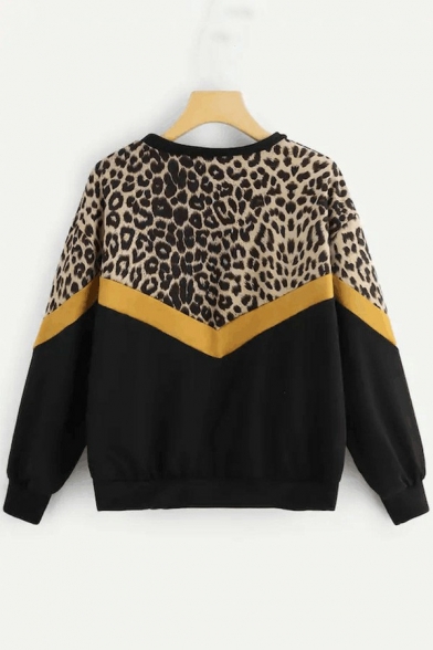 Vintage Ladies Sweatshirt Leopard Patchwork Round Neck Long Sleeve Straight Sweatshirt