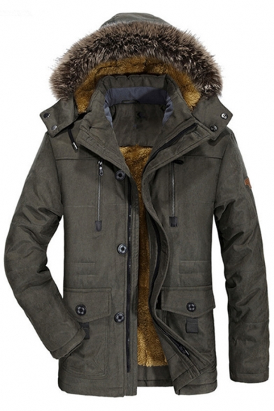 Vintage Mens Coat Pure Color Zip Closure Fleece-Lined Pocket Detail Long Sleeve Regular Fit Coat with Hood