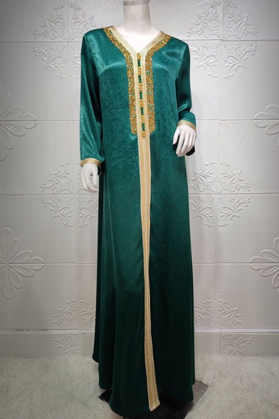 Vintage Womens Dress Solid Color Long Sleeve V-Neck Beading Swing Maxi Dress