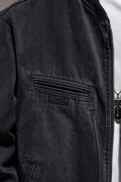 Basic Boys Jacket Plain Zip Closure Long Sleeve Pocket Detail Stand Collar Denim Jacket