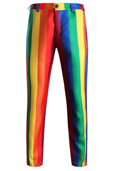 Casual Guy's Pants 3D Stripe Print Color Block Long Length Straight Mid Rise Zipper Pants
