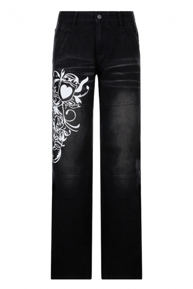 Casual Ladies Jeans Faded Wash Floral Print Mid Rise Zip Fly Long Length Wide Leg Jeans