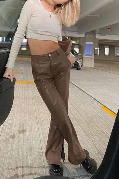 Casual Ladies Pants Solid PU Leather Zip Fly Mid Rise Split Hem Bootcut Pants