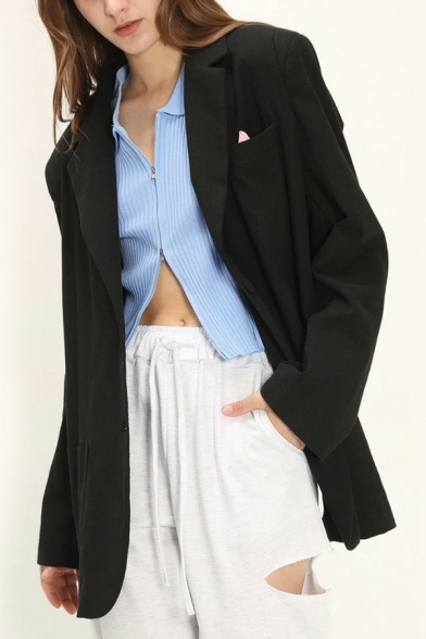 Casual Womens Blazer Notched Lapel Collar Solid Color Button Placket Oversized Blazer