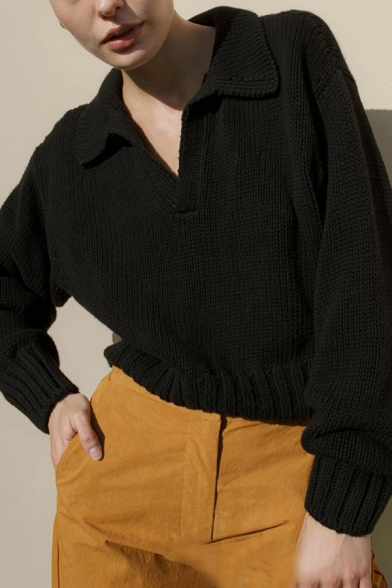 Chic Ladies Sweater Plain V-Neck Lapel Collar Long Sleeve Oversized Sweater