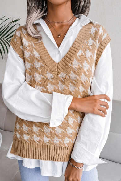 Chic Ladies Sweater Vest Houndstooth Print V-Neck Sleeveless Oversized Vest