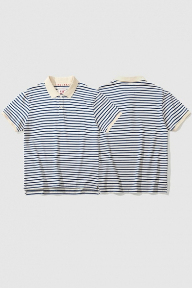 Daily Mens Polo Shirt Stripe Print Short Sleeve Turn-down Collar Button Detail Loose Fit Polo Shirt