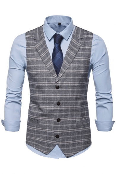 Edgy Suit Vest Plaid Printed Sleeveless Lapel Collar Slim Button Fly Suit Vest for Guys