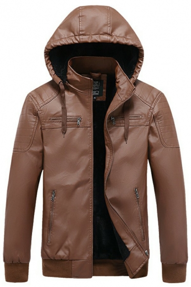 Elegant Guy's Jacket Whole Colored Pocket Hooded Regular Drawstring Zip Fly Leather Jacket